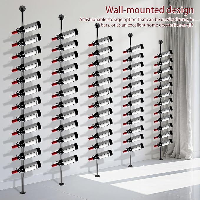 5 Pack 60 Bottles Wall Mount Bottle Display Holder Black Metal DIY Detachable Bottle Display Shelf for Commercial Restaurants Pantry