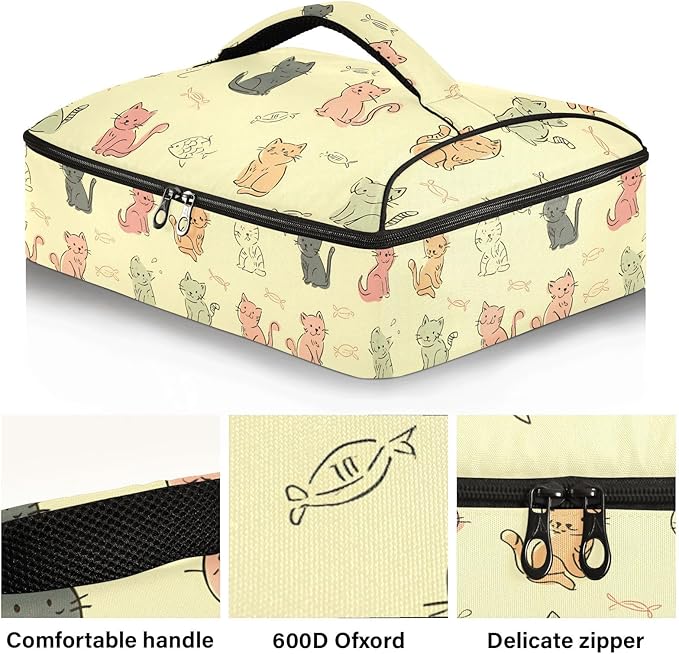 Casserole Carrier Interesting Patterns Cats FishInsulated Casserole Carrier for Hot or Cold Food Thermal Lunch Tote for Potluck Parties Picnic Beach Fits 9 x 13 Inches Baking Dish