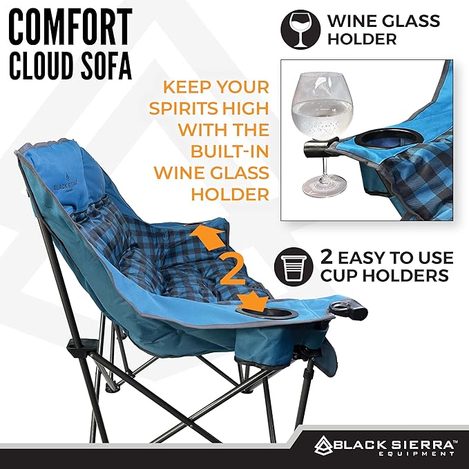 Black Sierra Double Camping Chair for Adults Oversized Folding Loveseat Supports 600 lbs Plush Padded Outdoor Couch with Cup Holders and Carry Bag for Beach Patio RV or Tailgating Events