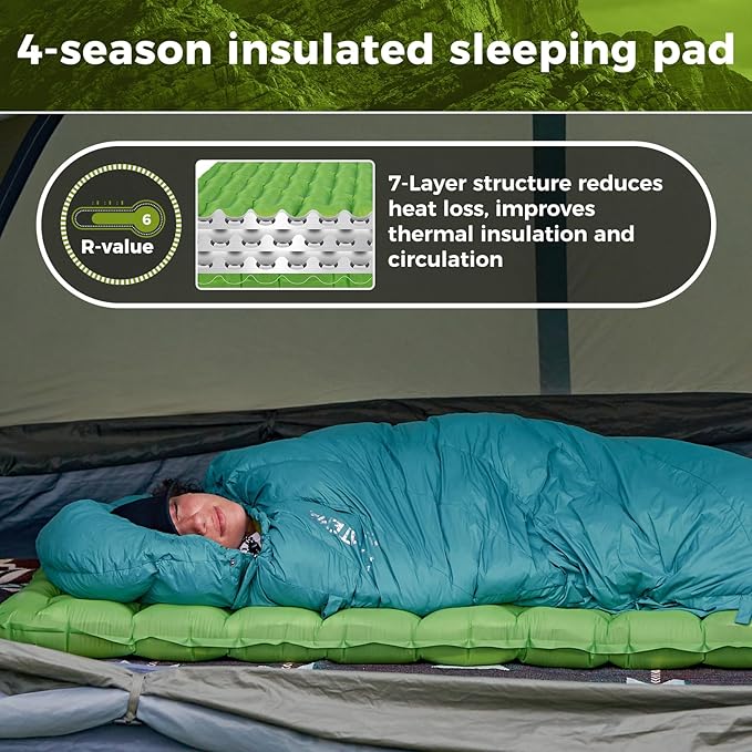 ATEPA ThermAir Backpacking Inflatable Sleeping Pad 6 R-Value Insulated Ultralight Portable Camping Pad Sleeping Mat with 7 Layers &amp Storage Bag for Camping Backpacking Tent Wide Long Size (72x2