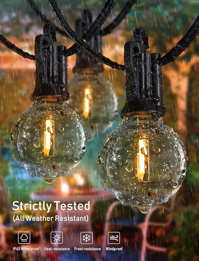 Brightown 58FT Solar String Lights Outdoor with Remote Cable Ties Hooks 26 LED Shatterproof Bulbs 3 Light Modes Dimmer &amp Timer Commercial Grade Patio Lights for Yard Balcony Pergola Party Deco