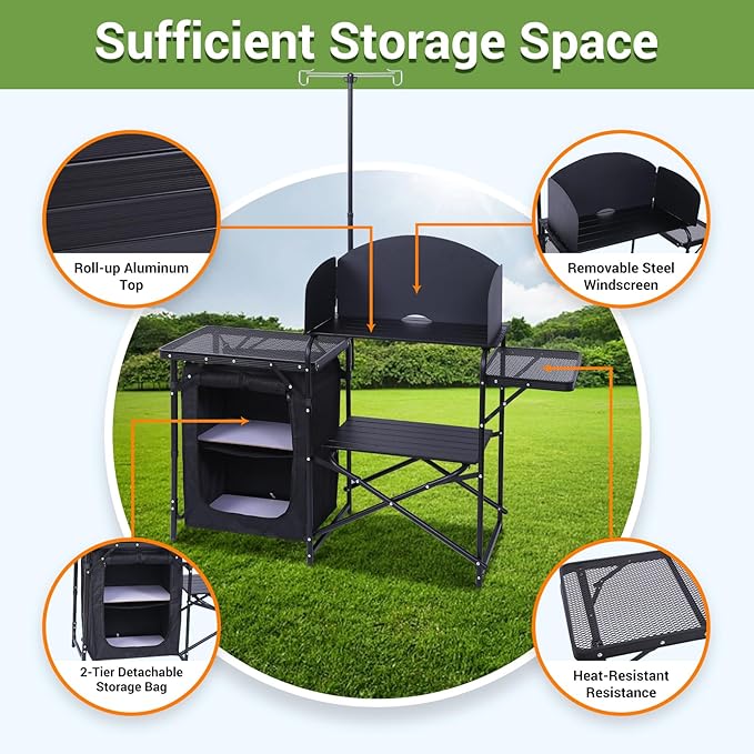 Nice C Camping Kitchen Station Camping Table Picnic Table Portable Grill Table Folding Cook Table Upgrade Light Stand and Windshield Station &amp Organizers Carry Bag for Beach Picnic (Black)
