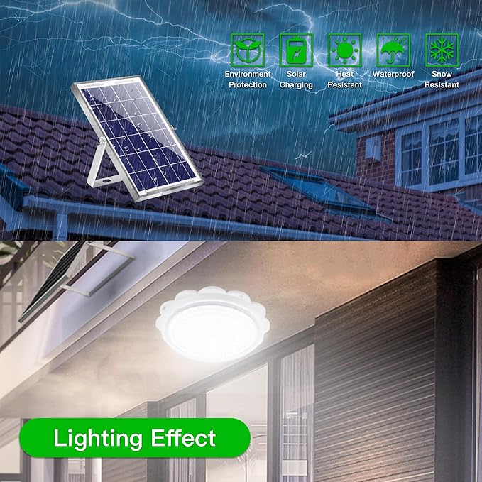 MEIHONG Solar Ceiling Light Porch Ceiling Light with Remote Dimmable Solar Shed Lights with Timer Gazebo Lights with Dusk to Dawn Sensor/Timer/3 Color