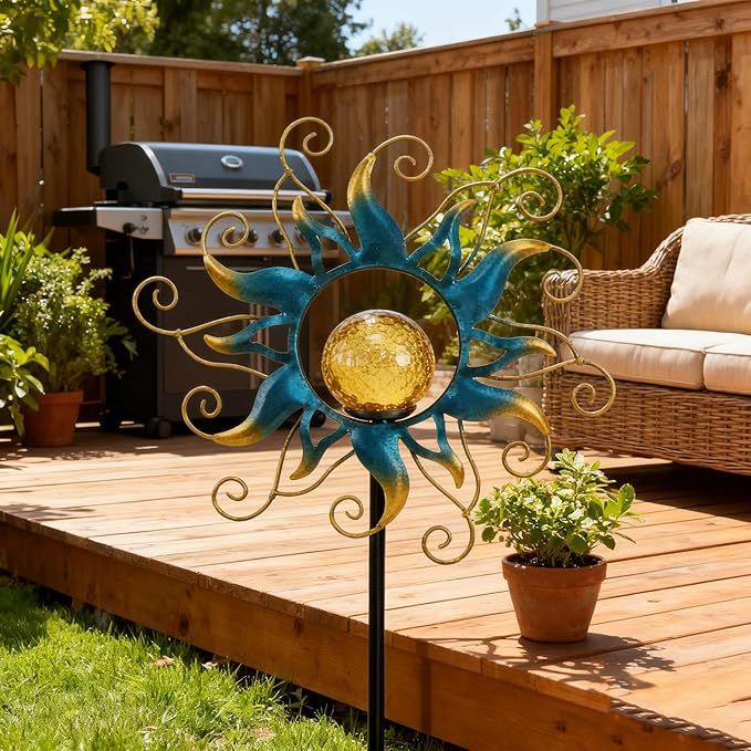 Solar Lights Outdoor Garden Decor Blue Metal Sun Crackle Glass Globe Stake Waterproof 30LED Decorations Unique Gifts for WomenMomOutside PatioLawnYardPathway