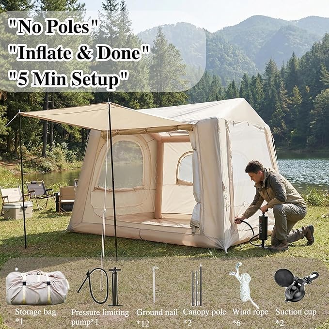 Inflatable SUV Tent for Camping 4–6 Person Air Tent with Pump 5 Min Easy Setup Blow Up Tent PU3000 Waterproof Oxford 4 Season Glamping Tent Standalone Car Camping Shelter
