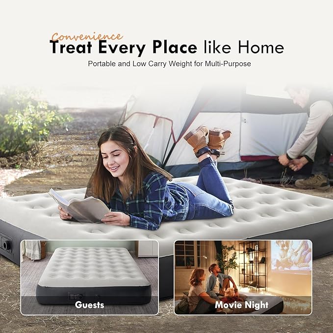 DIMAR GARDEN Queen Size Air Mattress with Built-in Pump Inflatable Flocked AirBed Blow Up Mattress
