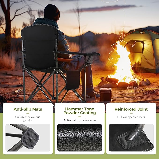 ALPHA CAMP Oversized Camping Chair Heavy Duty Lawn Chair with Cooler Bag (Black)