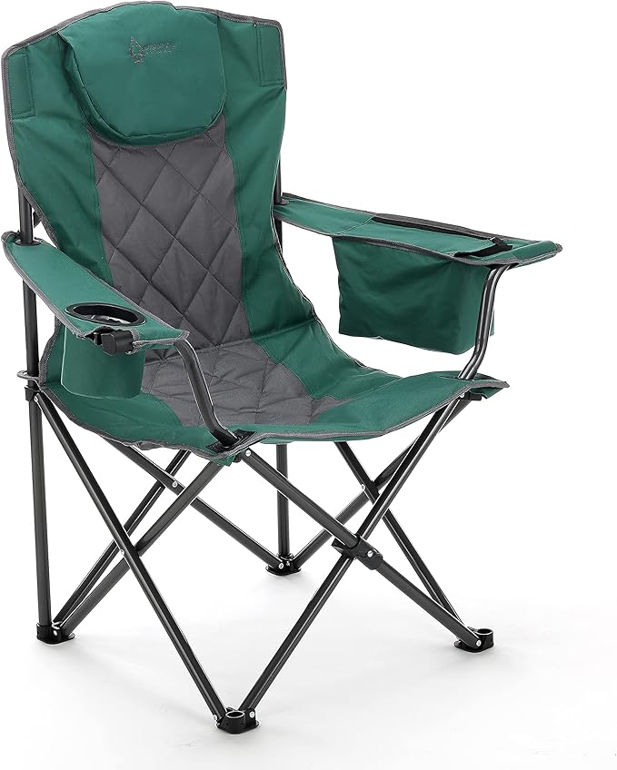 ARROWHEAD OUTDOOR Deluxe Folding Camp Chair – 550lb Capacity Heavy-Duty Quad Chair with Integrated Cooler Headrest and Dual Cup Holders.