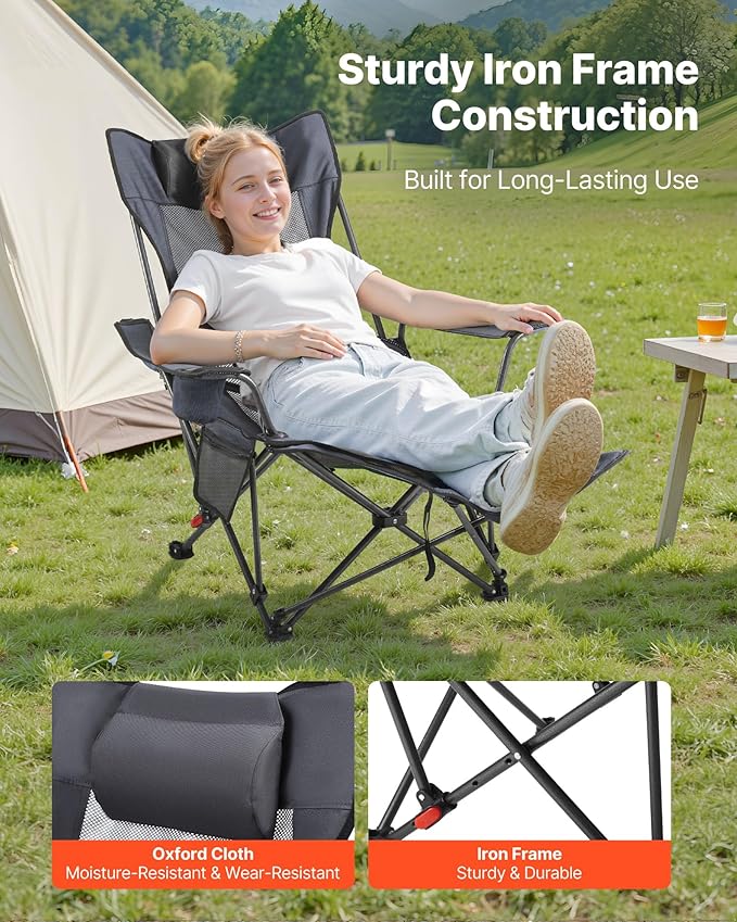 VEVOR Reclining Camping Chair 4 Adjustable Positions Portable Folding Lounger for Adults Mesh Beach Chair with Headrest &amp Foot Rest Supports 220 lbs Heavy Duty Camp Chairs for Patio Gray