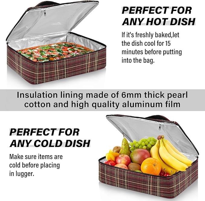 Casserole Carrier Red and Brown Tartan Print Pattern Insulated Casserole Carrier for Hot or Cold Food Thermal Lunch Tote for Parties Picnic Travel Carry Bag