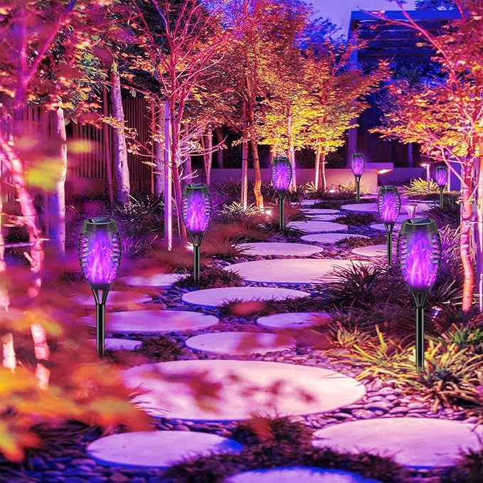 Halloween Decorations Outdoor 12 Pack Purple Solar Lights Outdoor Waterproof 12 LED Mini Tiki Torch Lights with Flickering Flame for Outside Landscape Garden Pathway Dusk to Dawn Auto On/Off