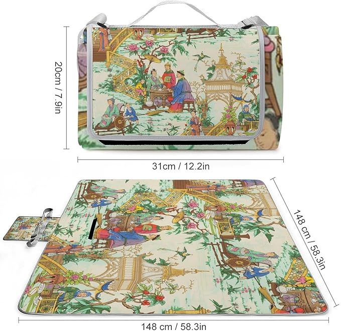 Blue and White Chinese Folk Chinoiserie Style Waterproof Outdoor Picnic Blanket Sandproof Beach Mat for Camping Hiking Grass Travelling