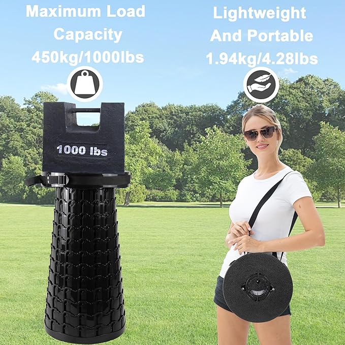 ALEVMOOM 2026 Upgraded XXL Collapsible Stool with Cushion &amp Bag Higher 23.2 Heavy Duty Telescoping Stool Max Load 1000 lbs Portable Retractable Folding Seat Chair for Camping Travel