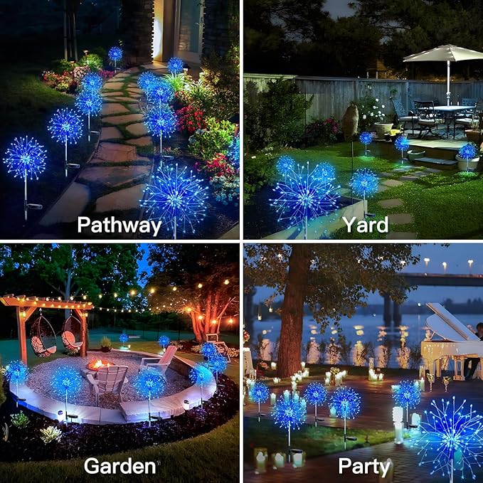 suddus Solar Garden Lights Outdoor Waterproof Decorative 2Pack 150LED Firework Lights Solar Fairy Lights for Yard Garden Party Patio Pathway Flowerbed - Blue