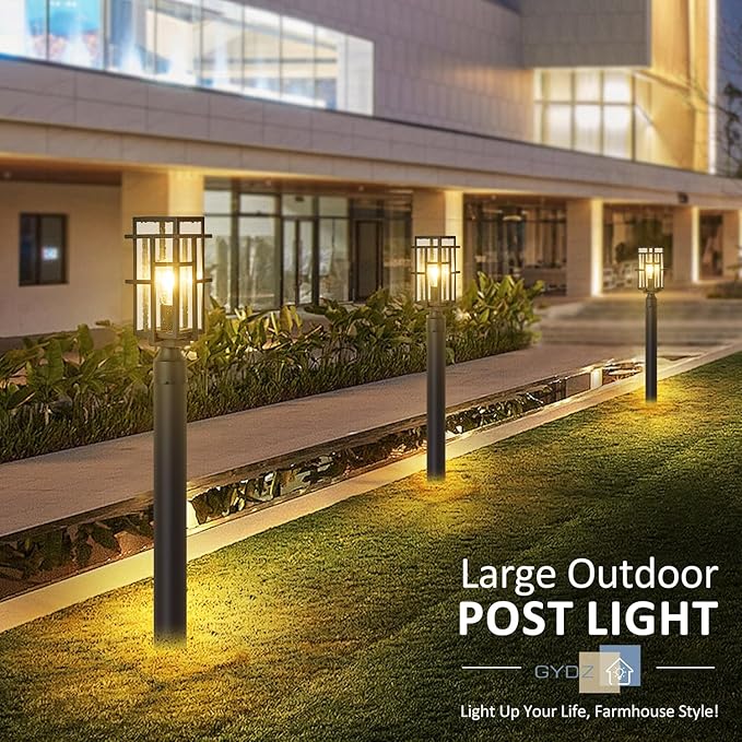 Outdoor Post Lighting Fixture with Pier Mount Base Aluminum Modern Exterior Pillar Lantern with Tough Seeded Glass Waterproof Matte Black Large Outside Pole Lamp for Garden Pathway Driveway