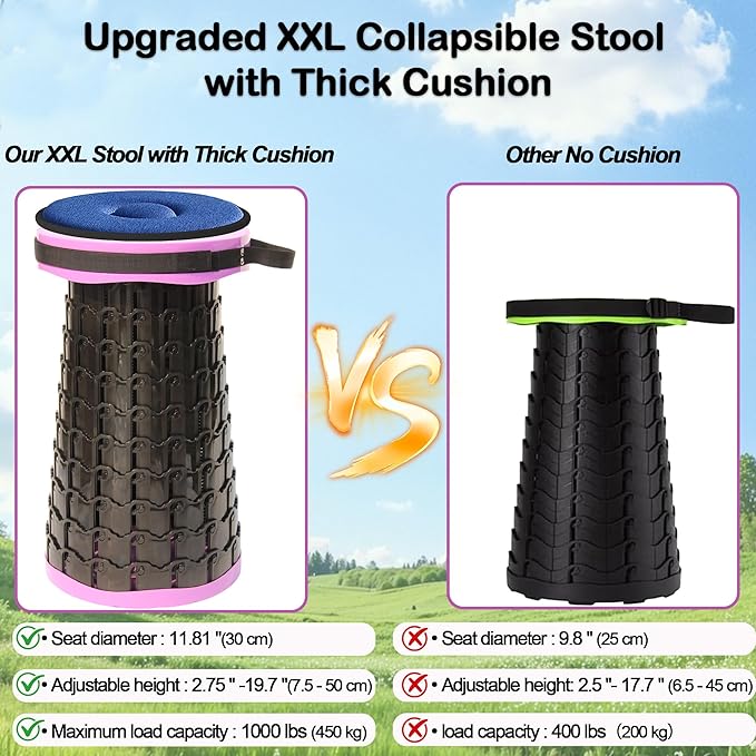 ALEVMOOM 2026 Upgraded XXL 19.7 Collapsible Stool with Cushion 1000lbs Max Weight Heavy Duty Portable Telescoping Stool Retractable Seat Folding Chair for Camping Fishing Hiking(Purple-XXL)