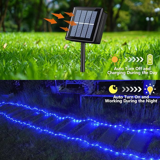 QITONG Blue Solar Rope Lights Outdoor 2 Pack Each 33ft 100LED String Light Fairy Lights in Clear Thin Tube with 8 Modes