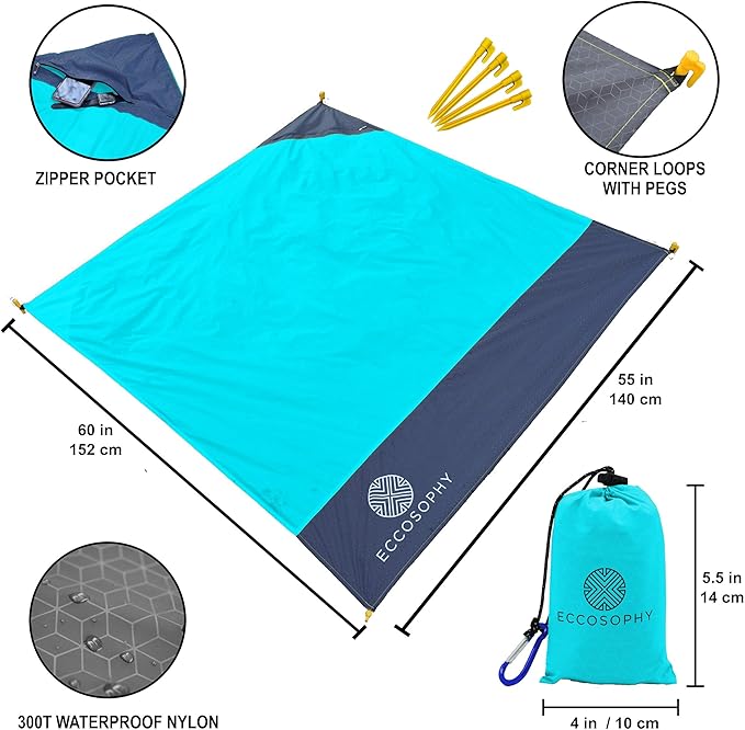 ECCOSOPHY 60x55 Blue Waterproof Compact Pocket Beach Blanket