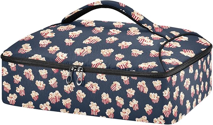 Casserole Carrier Pattern with Blue PopcornInsulated Casserole Carrier for Hot or Cold Food Thermal Lunch Tote for Potluck Parties Picnic Beach Fits 9 x 13 Inches Baking Dish