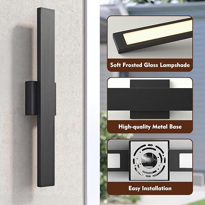 23.6inch Long Outdoor Modern LED Wall Light24W Waterproof IP65 Warm White Led Wall Mount Lighting Fixture Black Outdoor Wall Sconces Outside Lights for House Garage Front Door Patio 2Pack
