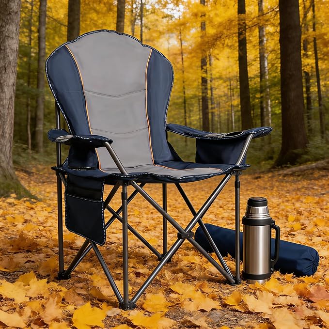 Folding Camping Chairs for Adults - High Back Padded Outdoor Lawn Chairs with Lumbar Support &amp Cup Holder (Blue &amp Gray 1 Pack)