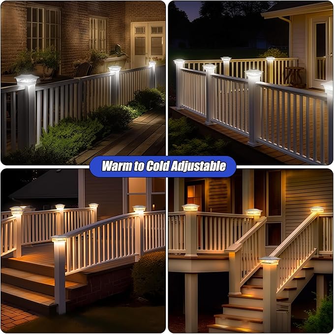 APONUO Solar Post Cap Lights 6 Pack for 4x4 5x5 6x6 Wood &amp Vinyl Fences - IP65 Waterproof All-Night Auto On/Off Warm/Cool White Light Outdoor Deck Patio Garden (White)
