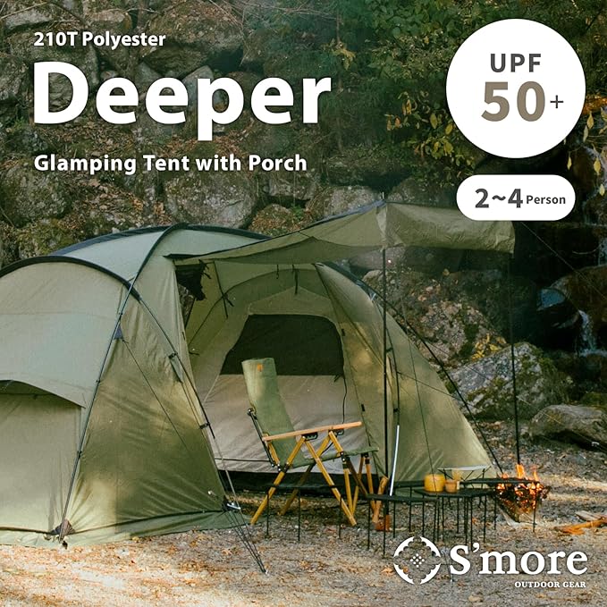 S'More Glamping Tent with Porch 2/3/4/5/6 Person Durable Weatherproof Camping Tent Large Family Tent with Room Divider Easy Setup Tent with Screen Room