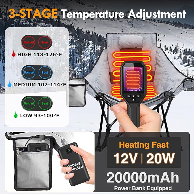 Slendor Oversized Heated Camping Chair with 2000mAh Battery Padded &amp Pillow Heated Rocking Chair 3 Adjustable Heat Settings Camping Rocker Chair for Easy Setup and Foldable Storage