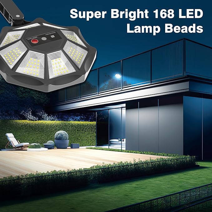 Solar Lights Outdoor 168LED 6500K Flood Light Dusk to Dawn 8 Sides Solar Outdoor Lights with Motion Sensor IP66 Waterproof Solar Street Lights Outdoor for Yard Pools(2 Pack)