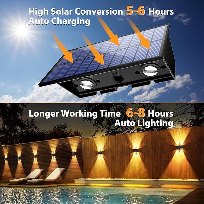 Solar Fence Lights6Pack Solar Lights Outdoor Warm White + RGB Up &amp Down Waterproof 100 Lumens Dusk to Dawn Large Solar Wall Lights for Backyard/Pool/Railing/Patio/Porch/Step/Wall