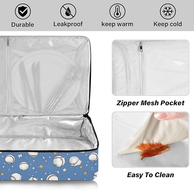 Casserole Carrier Baseballs and Stars PrintInsulated Casserole Carrier for Hot or Cold Food Thermal Lunch Tote for Potluck Parties Picnic Beach Fits 9 x 13 Inches Baking Dish