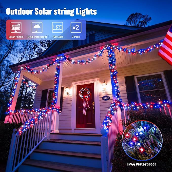 JMEXSUSS 2 Pack Red White and Blue Solar Lights 100LED 33ft Patriot Solar String Lights Waterproof 8 Modes 4th of July Lights for Independence Day Gardens Tree Outdoor 4th of July Decorations