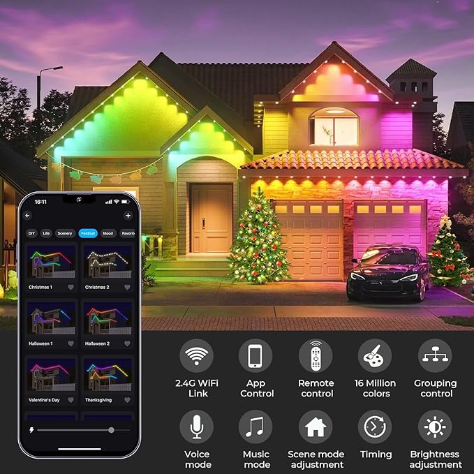 FVTLED 100FT Permanent Outdoor Lights for House Smart RGB+IC LED Eaves Lighting with APP/Remote Control IP67 Waterproof Outdoor String Light with 72 LED Lights for Garden Decor Deck Christmas