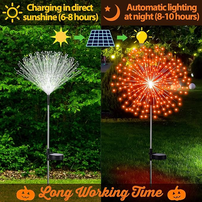 6 Pcs Easter Solar Firework Stake Lights 180 LED 8 Modes Solar Waterproof LED Sparkler Lights Outdoor Decoration for Easter Day Xmas Holiday Garden Patio Yard Pathway Walkway Orange