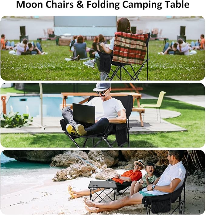 Leonyo 2 Pcs Portable Camping Chairs for Adults Oversized Lawn Chair with Folding Camping Table for Outdoor Sports Fishing Rv Travel Beach Picnic – Black