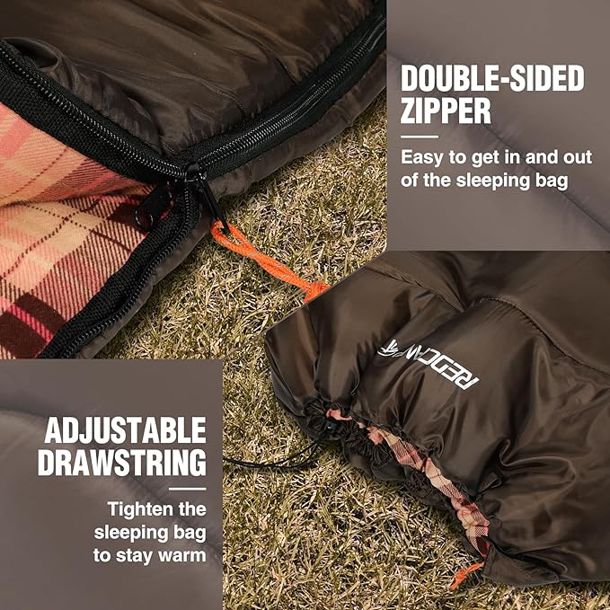 REDCAMP Cotton Flannel Sleeping Bag for Camping Backpacking Adults Cold Weather Envelope Sleeping Bags with 2/3/4/6lbs Filling