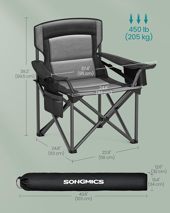 SONGMICS Oversized Lumbar Support Camping Chair Heavy-Duty Outdoor Folding Chair Comfortable Padded Glamping Cooler Bag Weight Capacity 450 lb Ink Black UGCB066B01