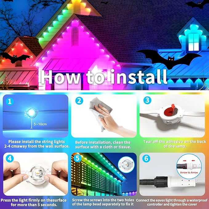 150ft Permanent Outdoor Light RGB Smart Outdoor eave Lights with APP &amp Remote Controltimed Music synchronisation IP67 Waterproof LED eave LightSuitable for PartyHalloweenChristmasRooftopGar