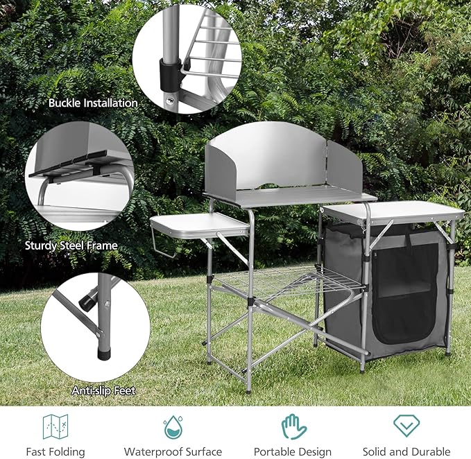 Tangkula Folding Camping Kitchen Table Aluminum Portable Camping Grill Table with Windscreen Cook Station Outdoor Quick Set-up Camp Cook Table with Storage Organizer Shelves Carry Bag