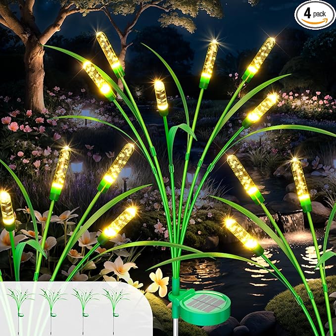 4 Packs Reeds Solar Garden Light 30 Inch Garden Solar Light with 24 Bulbs Intelligent Light Control System IP65 Waterproof Outdoor Solar Light for Decorating Yard Pathway(Warm Color)