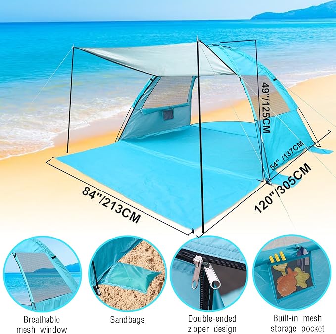 DLUCKY Beach Tent for 1/2/3/4/5/6 PersonAnti-UV Portable Sun Shade ShelterUPF 50+Both Sides Extendable FloorExtendable Awningwith 2 Ventilating Mesh WindowsLightweight &amp Easy Setup.