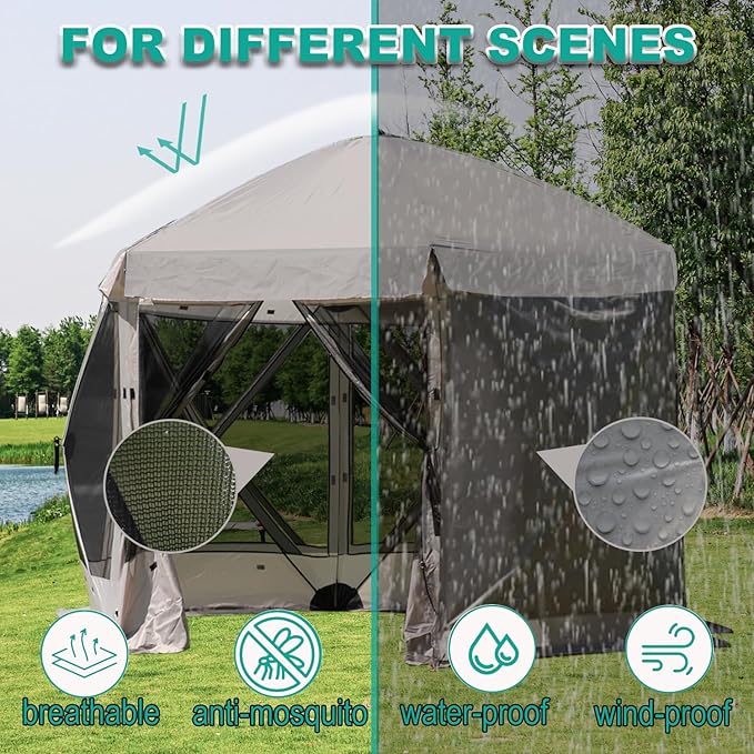 Pop Up Screen Tent 12'x12' Windproof &amp UV Protection Sun Shelter Portable Instant Setup 6-Sided Screen Tent for Picnic Camping Backyard Outdoor (Grey)