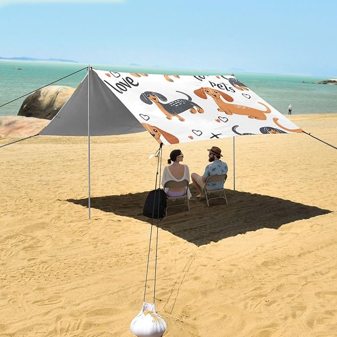 Bolaz Beach Canopy Tent Sun Shade9'×10.5' Large Family Beach Shade UPF50+- Outdoor Shade for Camping Trips FishingDachshund Pattern