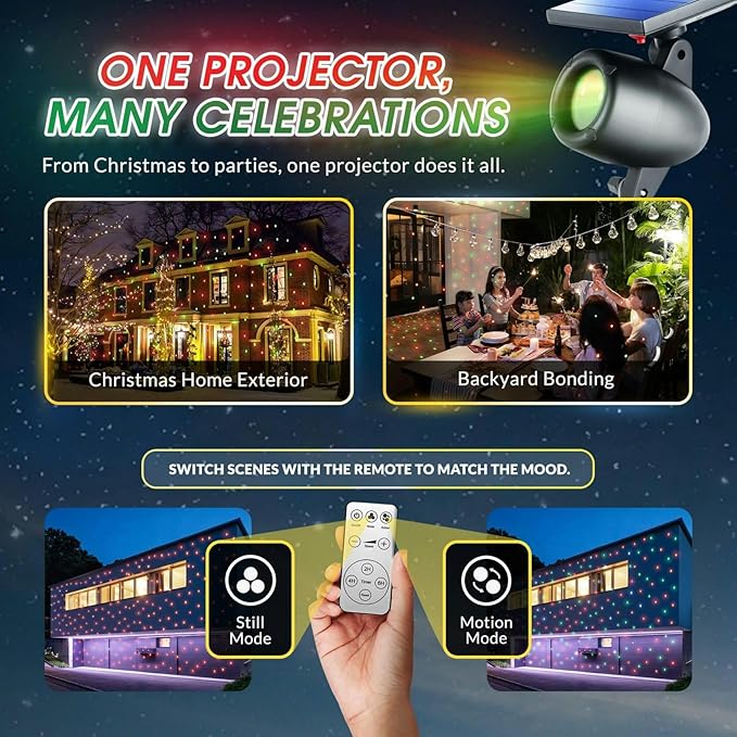 STARTASTIC Solar Christmas Light Show Projector - Laser Outdoor Christmas Projector Lights Covers 600 Sq Ft Wireless with Remote Control Waterproof 5 Modes for House Yard Holiday Party
