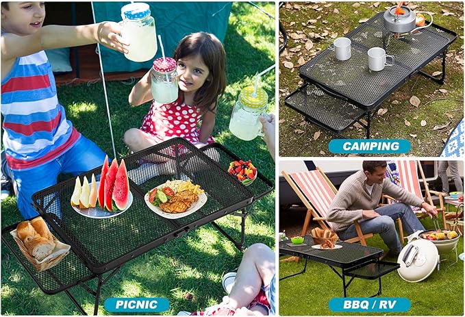 Small Low Camping Table with 2 Wing Panels Folding Low Picnic &amp Outdoor Table with 2 Shelves Lightweight &amp Easy Carry for Beach Fishing Sturdy Steel Mesh Top (3 FT Black)