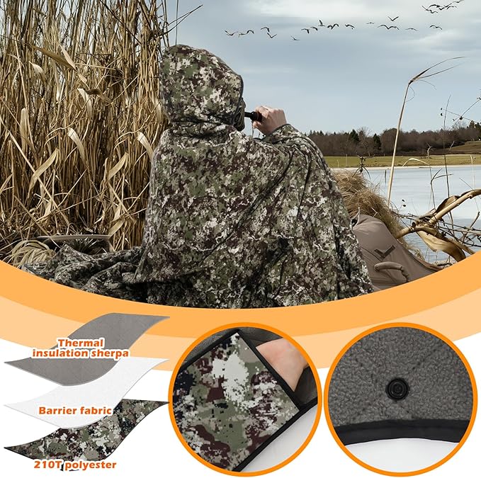 VitalCozy 55 x 95 Waterproof Woobie Camo Blanket for Hunting Extra Outdoor Stadium Blankets Sherpa Lining with Hood and Storage Pocket for Deer Duck Hunting Gear Blind Accessories(Camo)