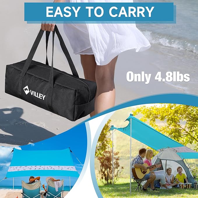 VILLEY Beach Tent Sun Shelter with UPF50+ Protection for 5 Person 8x7FT Portable Sun Shade with 2 Stability Poles and 4 Sandbags Outdoor Beach Canopy for Camping Picnics Fishing Outdoors(Blue)