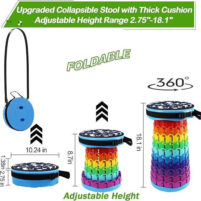 ALEVMOOM 2026 Collapsible Stool with Thick Cushion H18.1 D10.24 More Sturdy Capacity 600IbCollapsible Adjustable Folding Stool for Camping Hiking Mountain Garden BBQ
