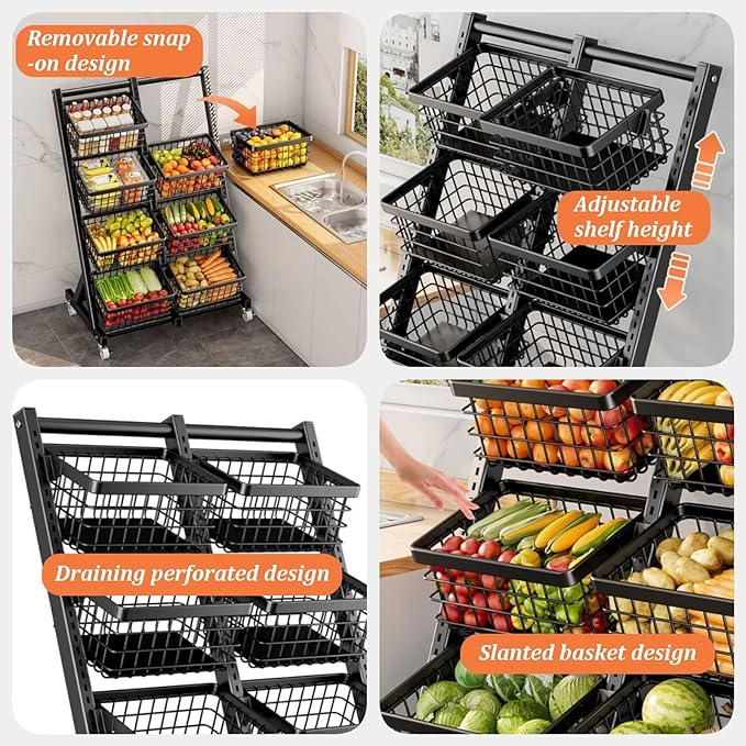 4-Tier Rolling Snack Rack Display Stand Adjustable Metal Shelves for Fruit &amp Vegetable Storage Versatile Retail Organizer for Home Kitchen &amp Market (White)
