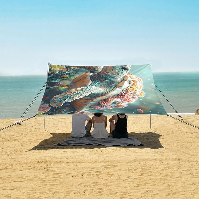 ALAZA Turtle Coral in Sea Beach Tent Sun Shelter UPF50+ Protection Beach Shade Canopy w/ 4 Sandbags for Outdoor Camping Fishing Backyard Fun Picnic 10x9 ft